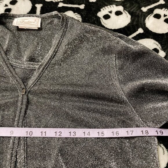 TRADITION Dark silver grey metallic faux twin set top ~ MEDIUM LARGE "cardigan" - Picture 7 of 14
